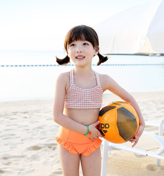 ILOVEJ Girls Neon Check Bikini Swim Set with Swim Cap UV Protection Quick-Dry Two-Piece Swimsuit for Kids | Ages 8–10