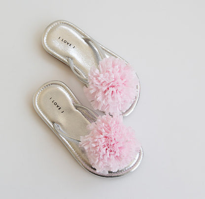 ILOVEJ Girls Pom-Pom Glitter Flip Flops Sparkle Lightweight Non-Slip Summer Beach Slippers for Kids | Ages 4–7