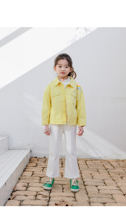 [PRE-ORDER] Kids Unisex Rainbow Print Cotton Jacket – Light Yellow Spring Outerwear