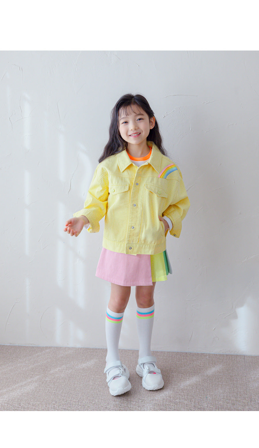 [PRE-ORDER] Kids Unisex Rainbow Print Cotton Jacket – Light Yellow Spring Outerwear