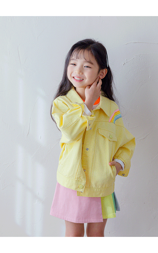 [PRE-ORDER] Kids Unisex Rainbow Print Cotton Jacket – Light Yellow Spring Outerwear