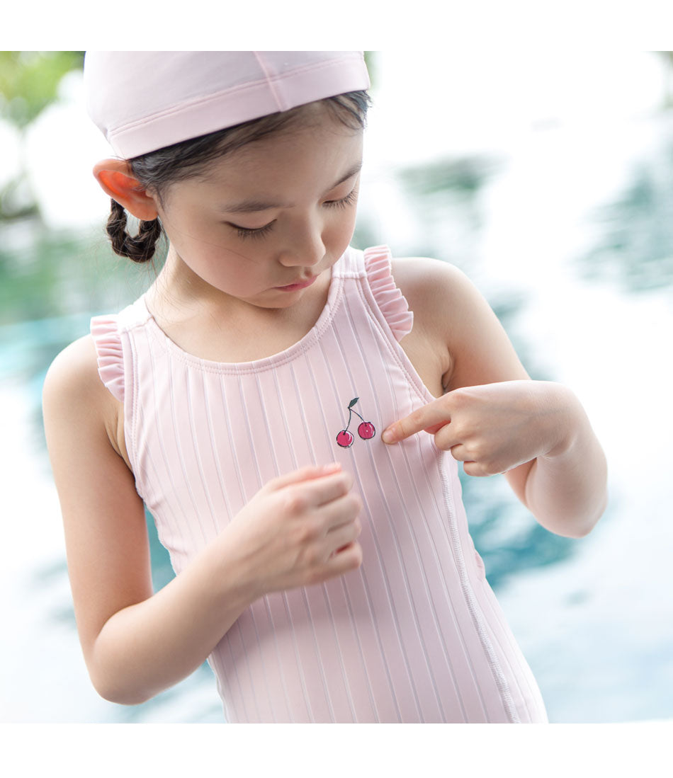 ILOVEJ Girls Cherry Lace 5-Length Sleeve Rash Guard Swimsuit UV Protection Quick-Dry Ruffle Swimwear for Kids | Ages 4–7