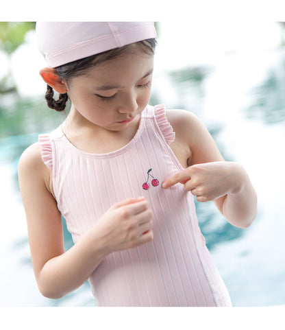 ILOVEJ Girls Cherry Lace 5-Length Sleeve Rash Guard Swimsuit UV Protection Quick-Dry Ruffle Swimwear for Kids | Ages 4–7