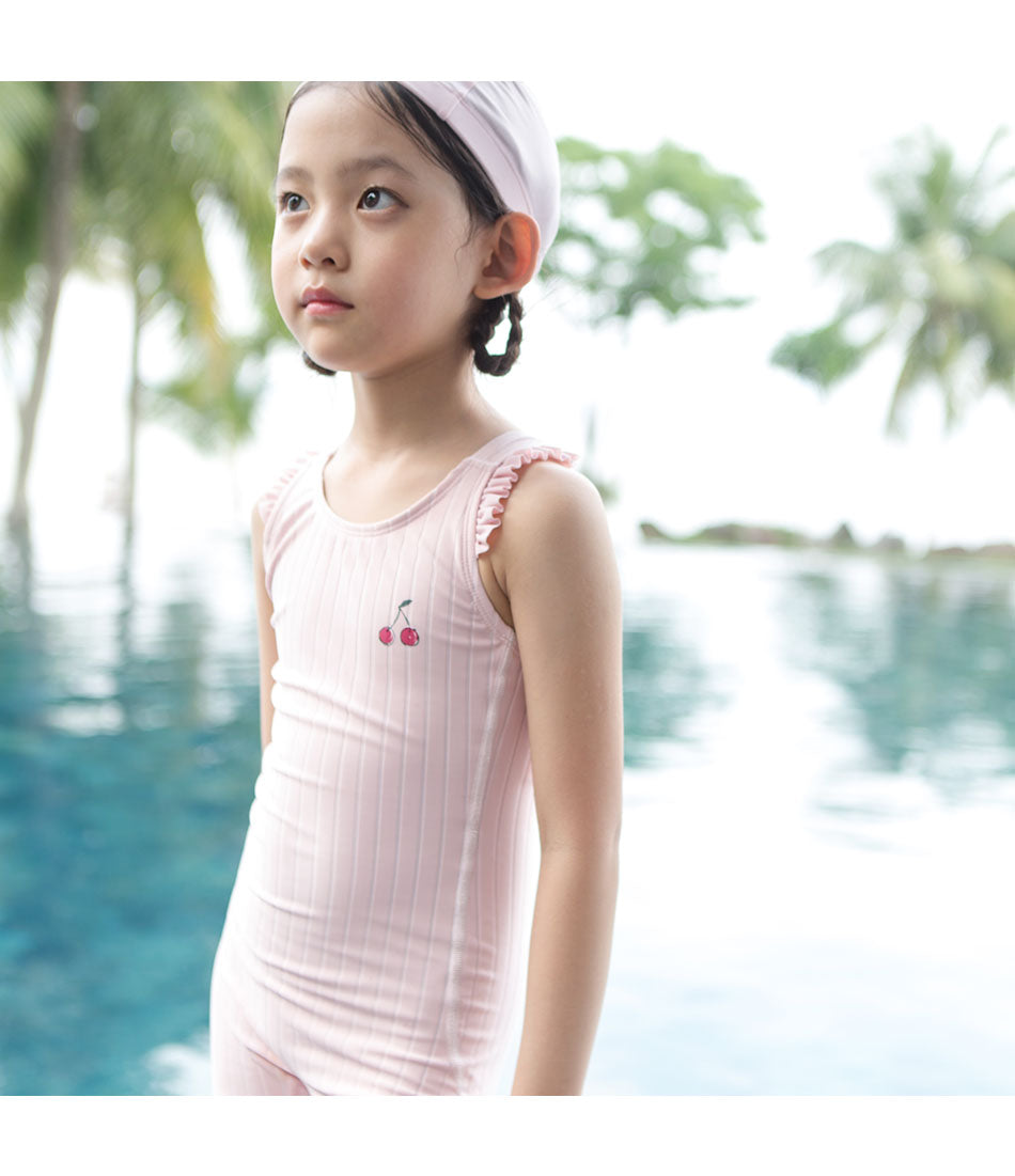 ILOVEJ Girls Cherry Lace 5-Length Sleeve Rash Guard Swimsuit UV Protection Quick-Dry Ruffle Swimwear for Kids | Ages 4–7