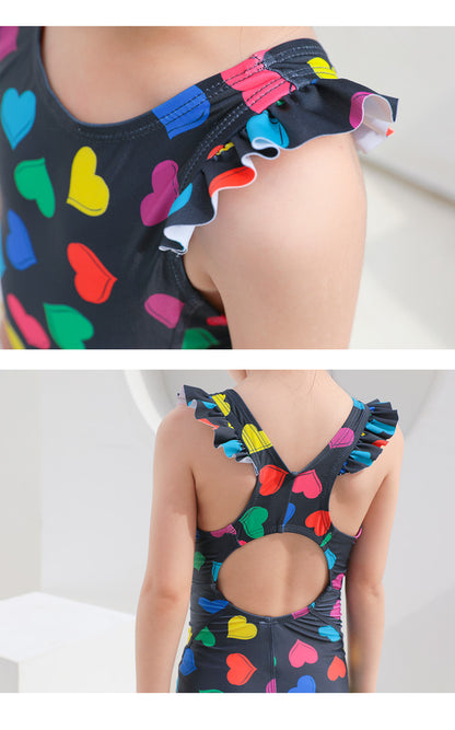 ILOVEJ Girls Multi Heart Frill One-Piece Swimsuit UV Protection Quick-Dry Ruffle Swimwear for Kids | Ages 4–10