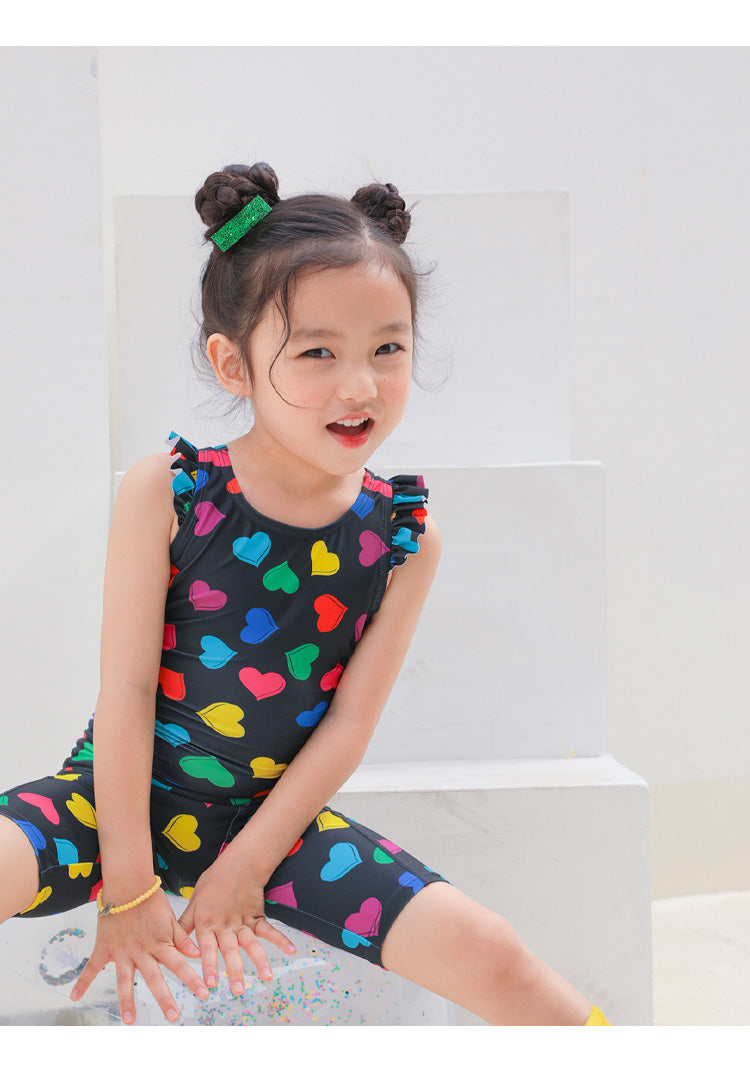 ILOVEJ Girls Multi Heart Frill One-Piece Swimsuit UV Protection Quick-Dry Ruffle Swimwear for Kids | Ages 4–10