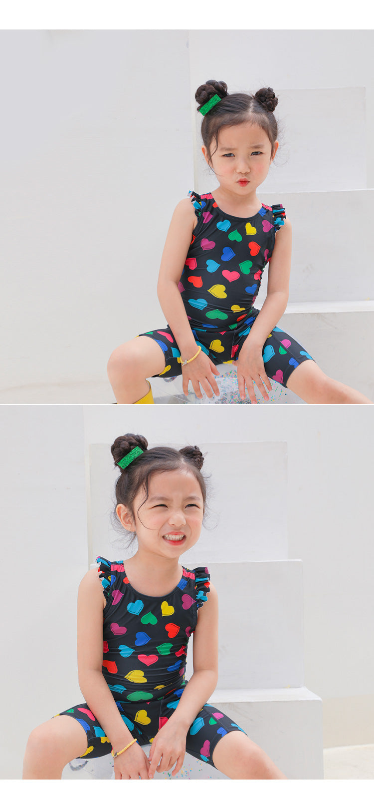 ILOVEJ Girls Multi Heart Frill One-Piece Swimsuit UV Protection Quick-Dry Ruffle Swimwear for Kids | Ages 4–10