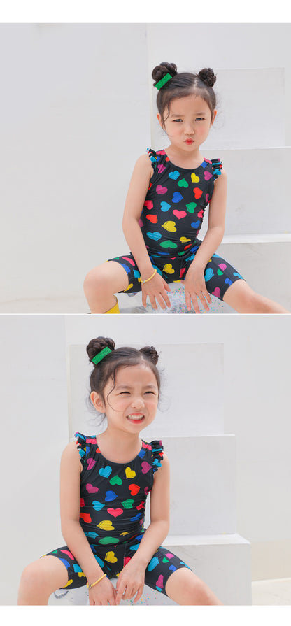 ILOVEJ Girls Multi Heart Frill One-Piece Swimsuit UV Protection Quick-Dry Ruffle Swimwear for Kids | Ages 4–10