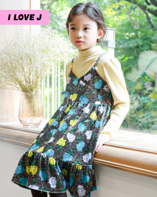 Velvet Rose Layered Dress with Puff Sleeve Tee