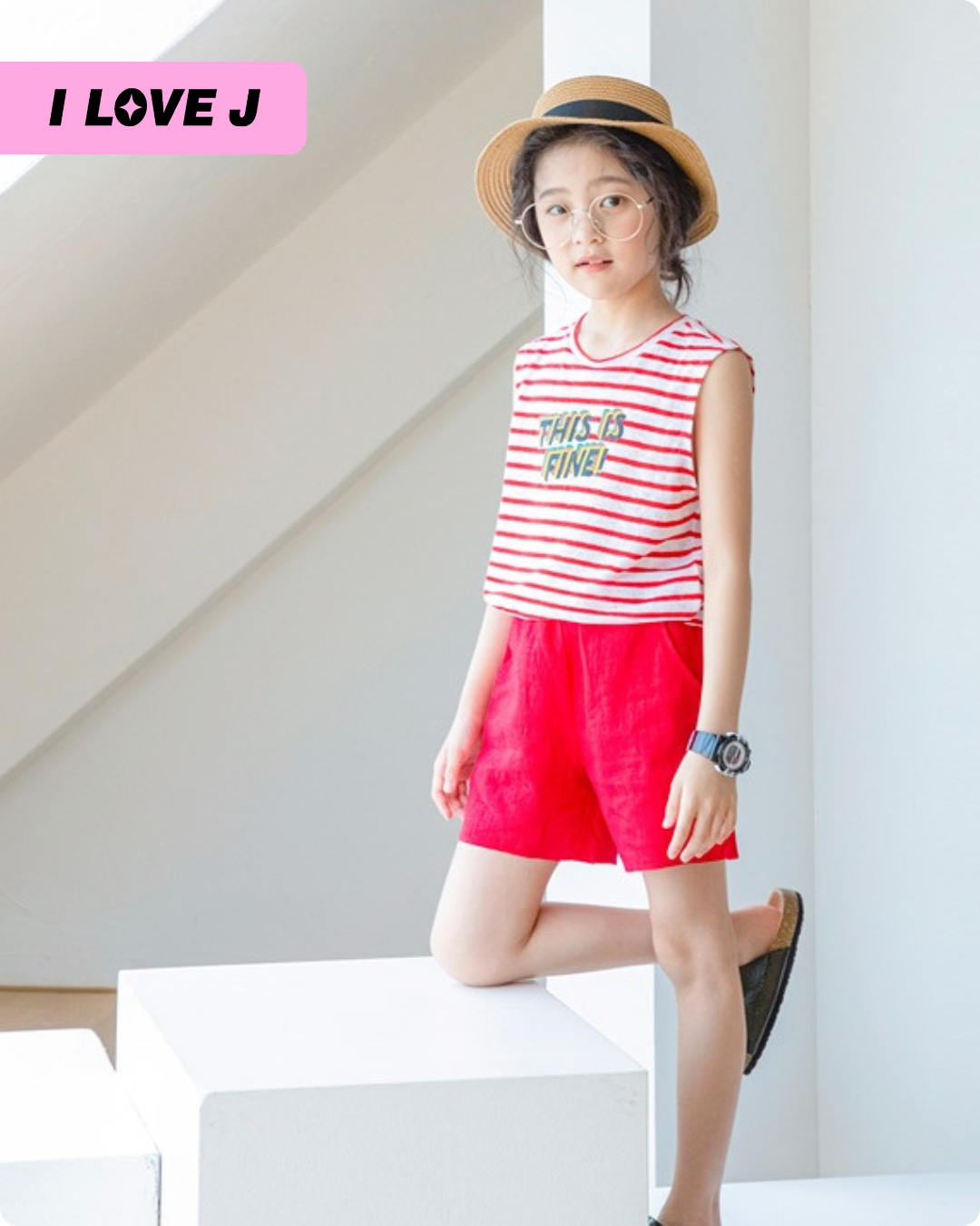 Red Striped Sleeveless Top + Half-Length Kids Shorts