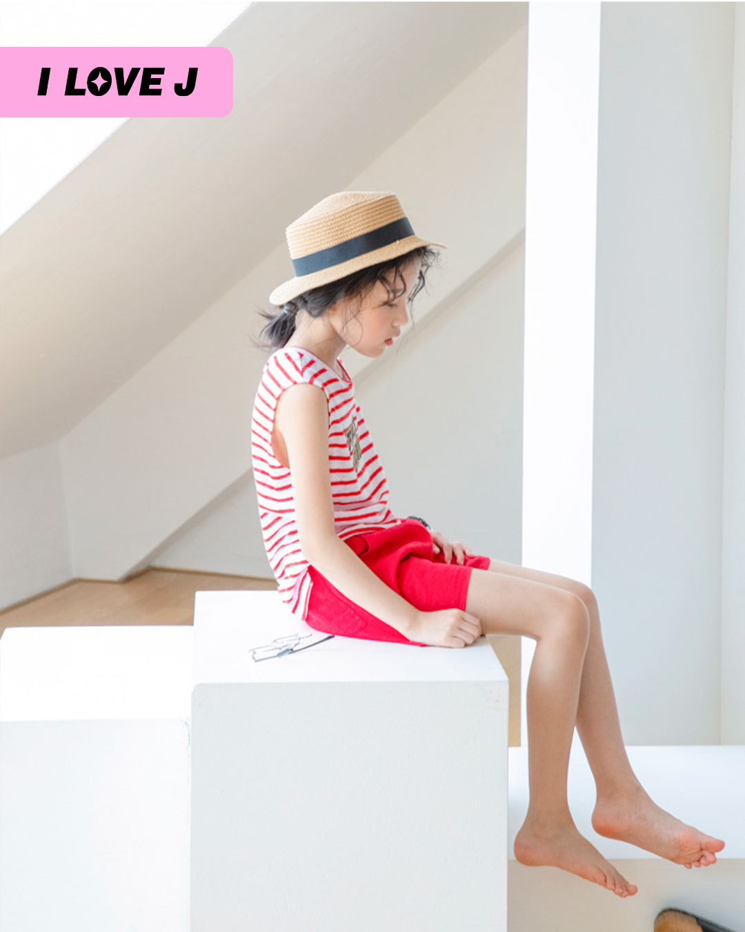Red Striped Sleeveless Top + Half-Length Kids Shorts