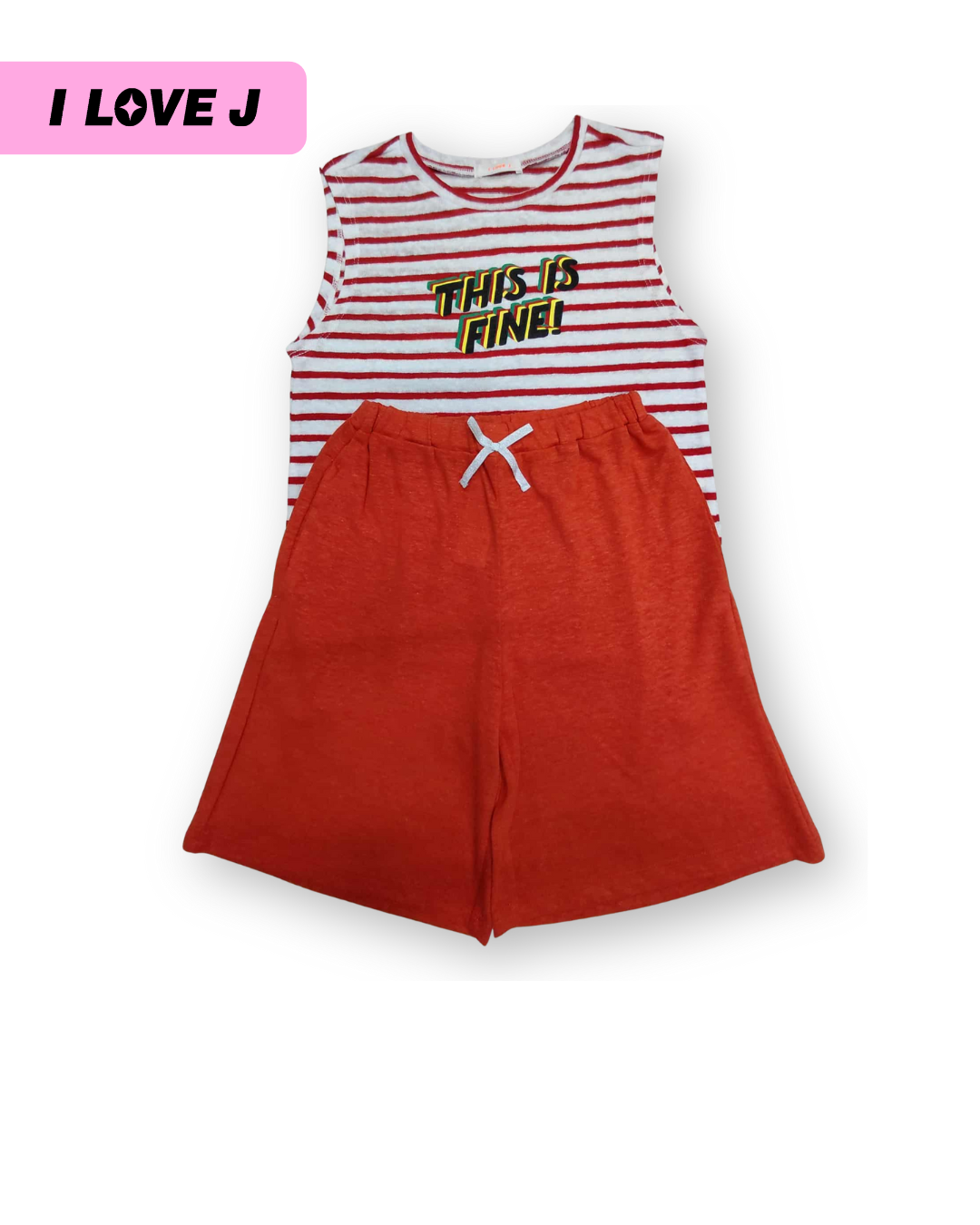 Red Striped Sleeveless Top + Half-Length Kids Shorts