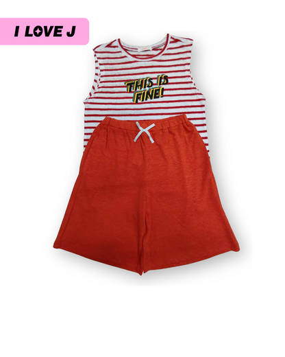 Red Striped Sleeveless Top + Half-Length Kids Shorts