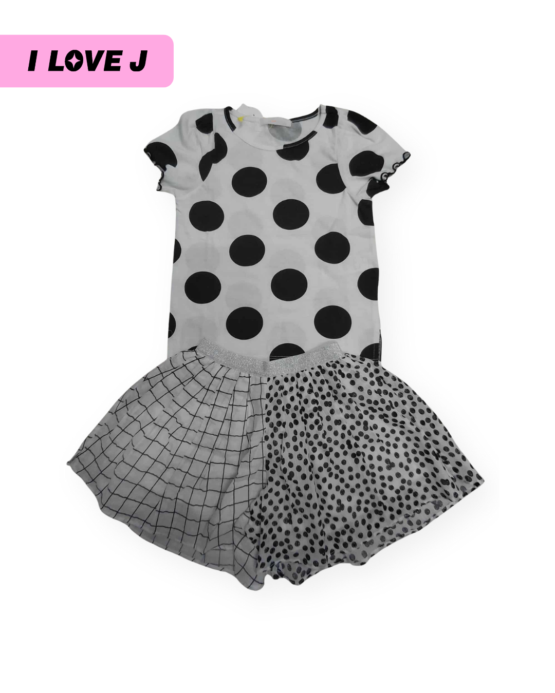 Polka Dot Kids T-shirt + Checkered Skirt Pants