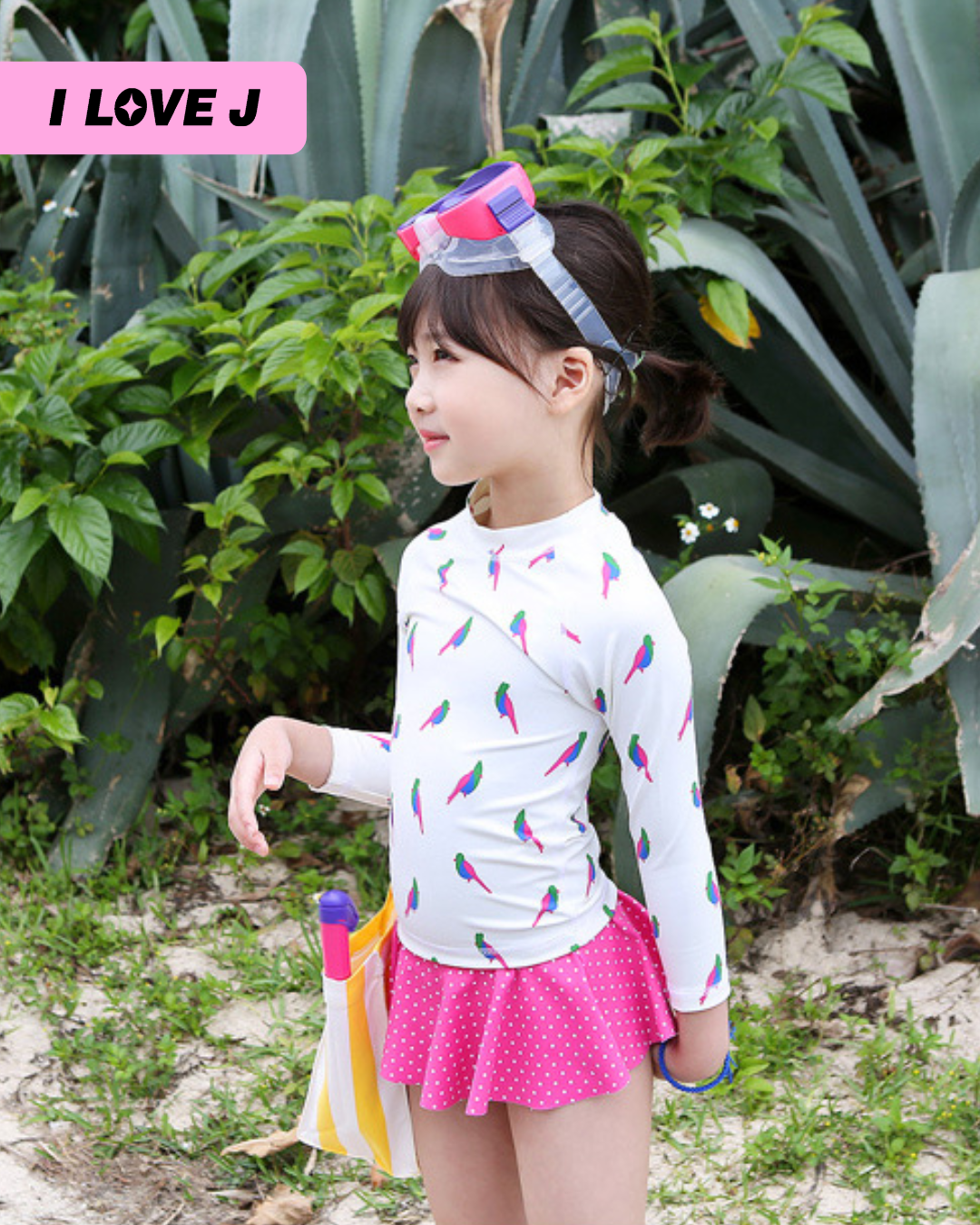 I LOVE J Kids Tropical Bird Longsleeve Rash Guard Set | Ages 4–11