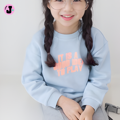 I LOVE J Kids “GOOD IDEA” Printed Sky Blue Cotton Unisex Pullover Sweatshirt | Ages 3-8