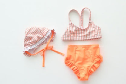 ILOVEJ Girls Neon Check Bikini Swim Set with Swim Cap UV Protection Quick-Dry Two-Piece Swimsuit for Kids | Ages 8–10