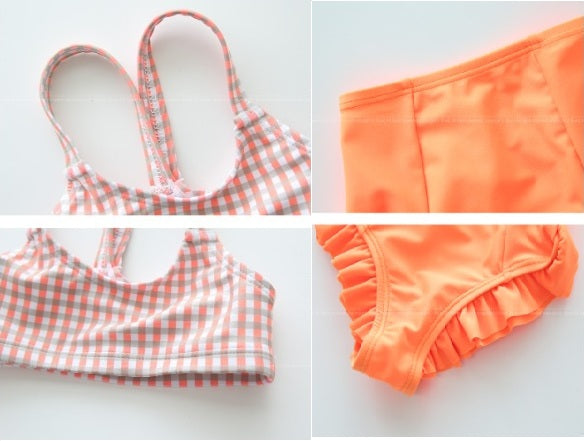 ILOVEJ Girls Neon Check Bikini Swim Set with Swim Cap UV Protection Quick-Dry Two-Piece Swimsuit for Kids | Ages 8–10