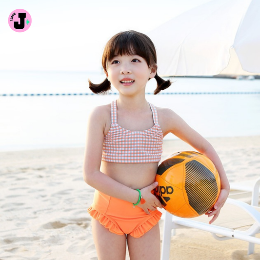 I LOVE J Kids Neon Check Bikini Swim Set with Cap UV Protection | Ages 8–10