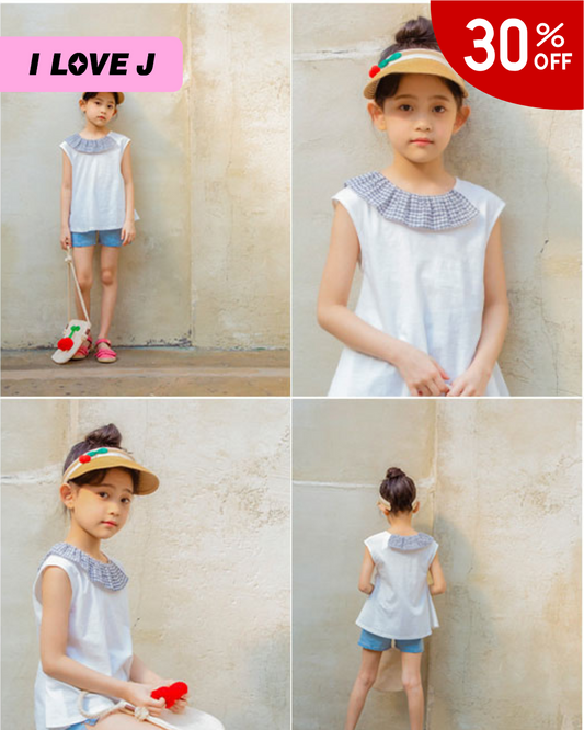Frill Checkered Sleeveless Top & Kids Denim Shorts