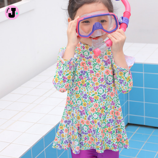 I LOVE J Kids Flower Love One-Piece Rash Guard Swim Set UV Protection | Ages 4–12