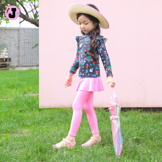 I LOVE J Kids Dot & Floral Rash Guard Swim Set UV Protection | Ages 4