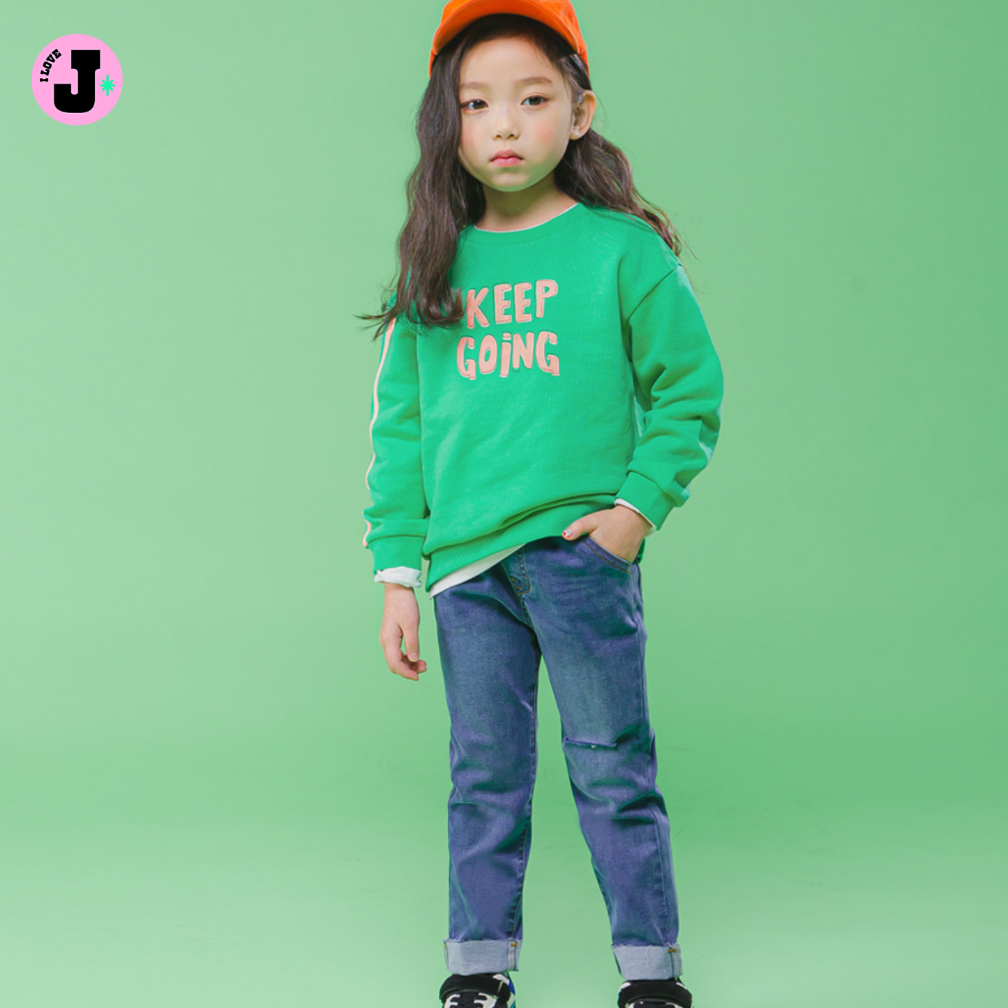 I LOVE J Kids “KEEP GOING” Printed Unisex Green Cotton Pullover Sweatshirt | Ages 3-7