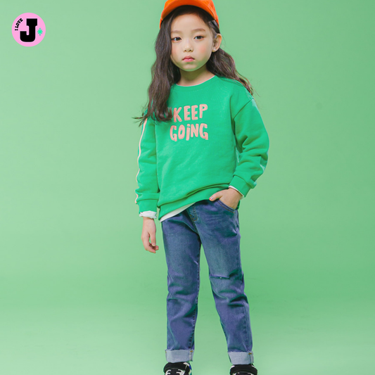 I LOVE J Kids “KEEP GOING” Printed Unisex Green Cotton Pullover Sweatshirt | Ages 3-7