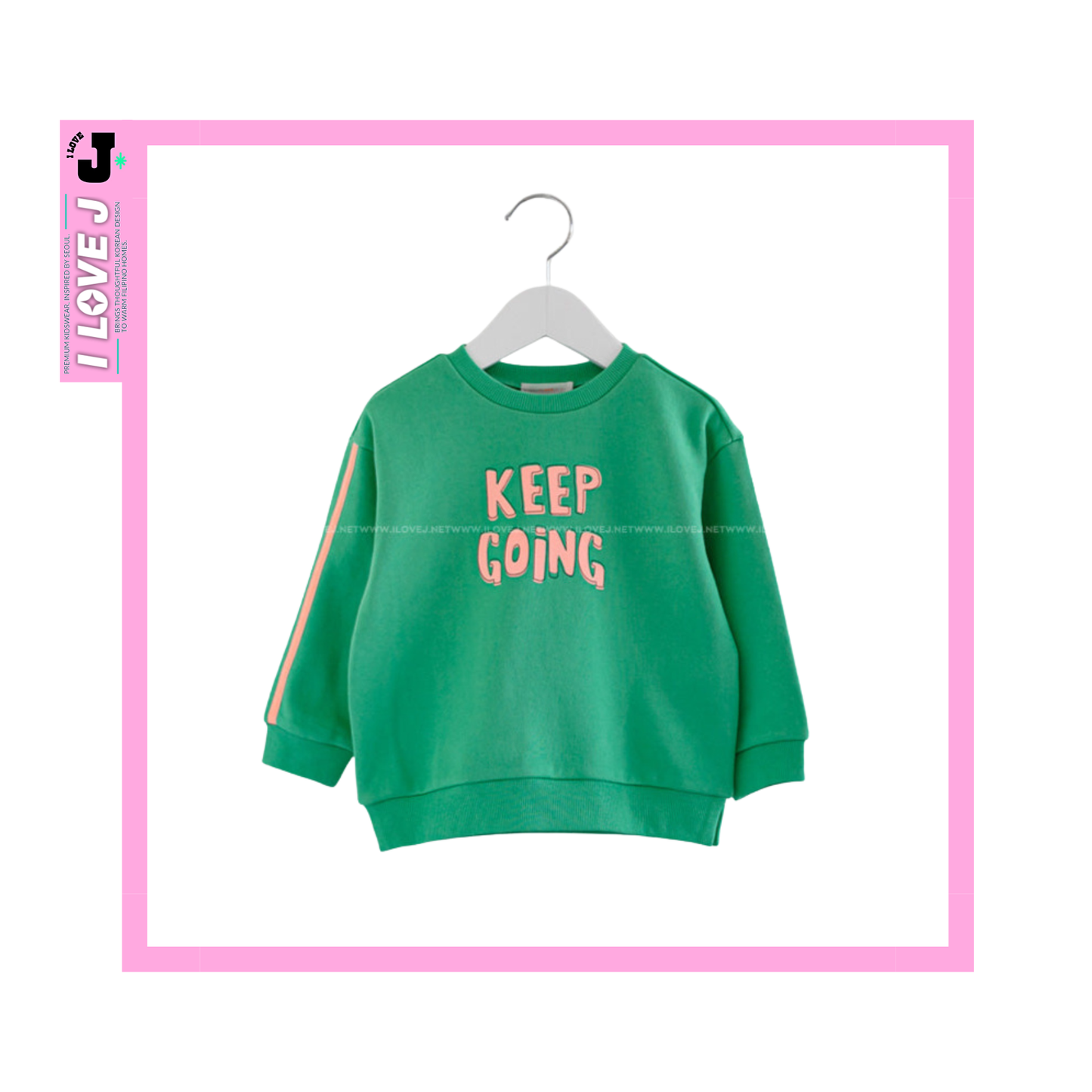 I LOVE J Kids “KEEP GOING” Printed Unisex Green Cotton Pullover Sweatshirt | Ages 3-7