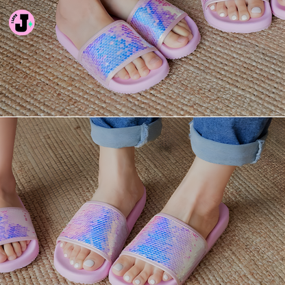 I LOVE J Kids MERMAID Pink Sequin Slip-On Slippers | Ages 7-10