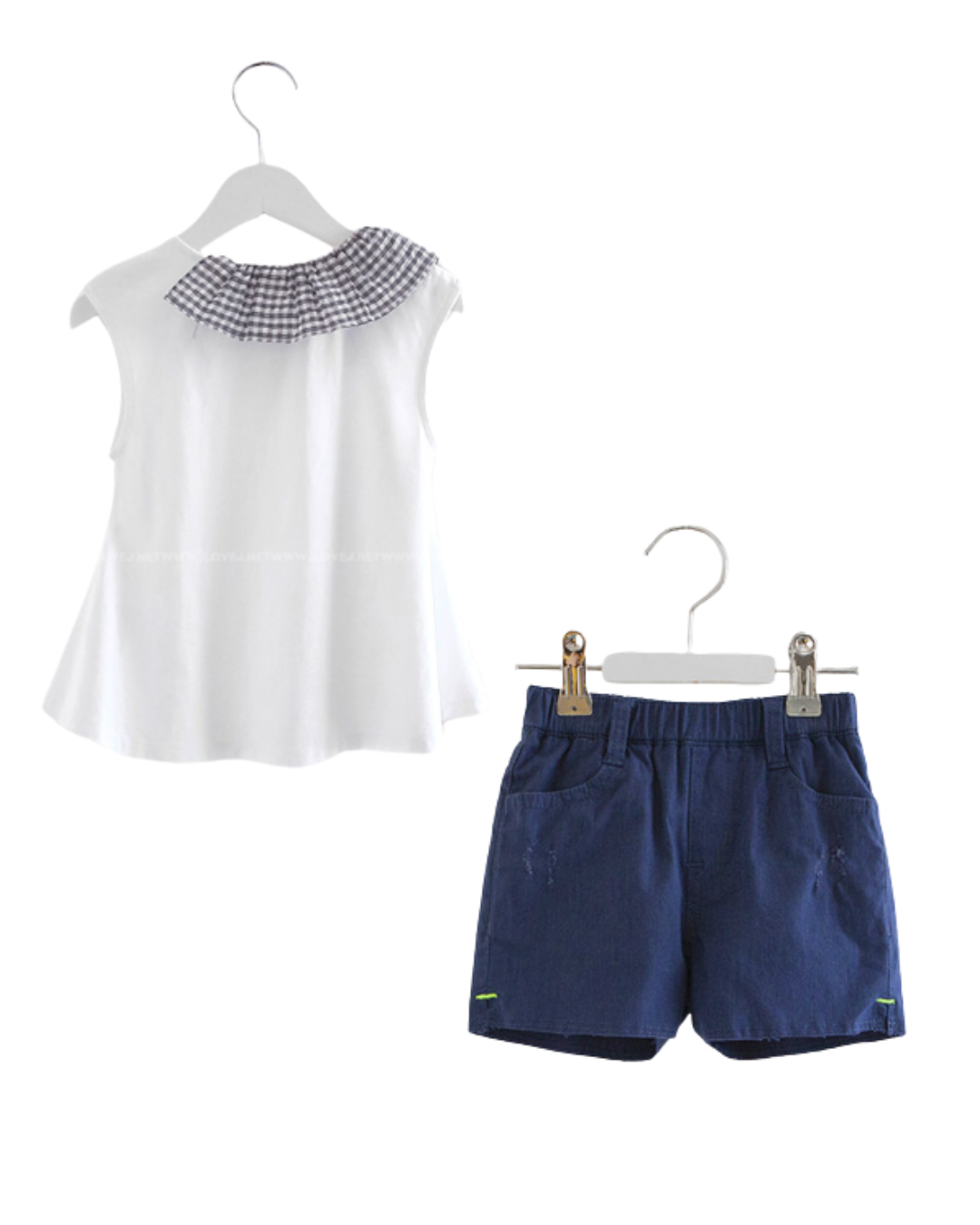 Frill Checkered Sleeveless Top & Kids Denim Shorts
