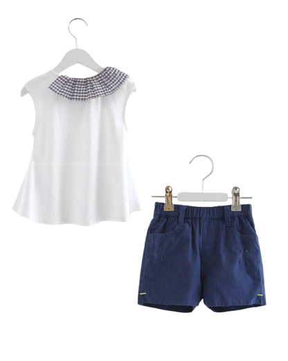 Frill Checkered Sleeveless Top & Kids Denim Shorts