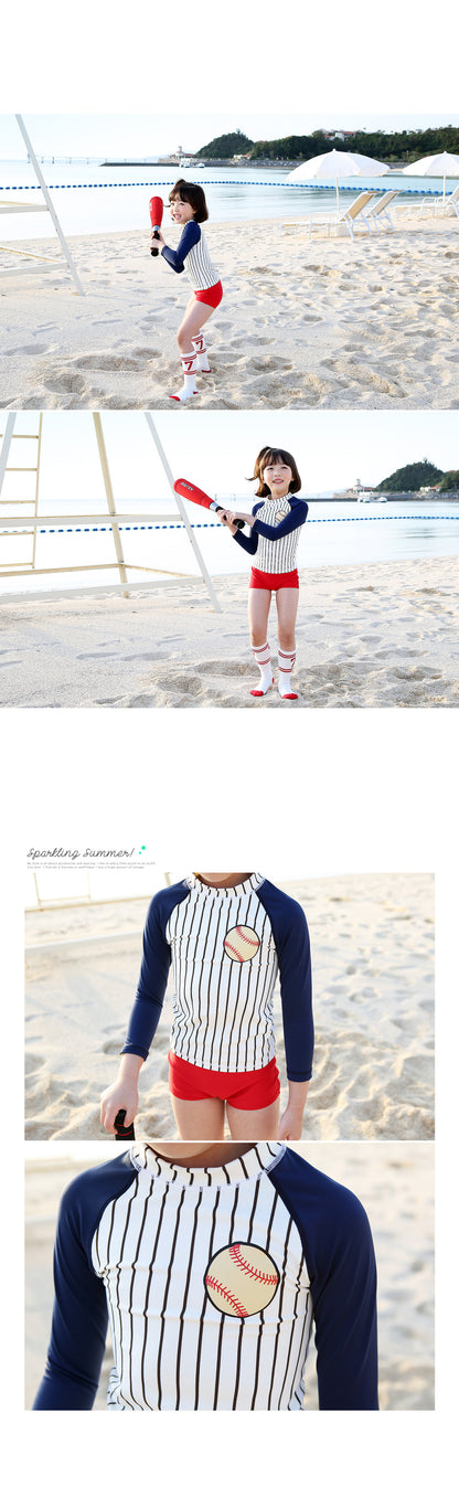 ILOVEJ Kids Stripe Softball Rash Guard Swim Set UV Protection Quick-Dry Two-Piece Swimwear for Girls & Boys | Ages 4–12
