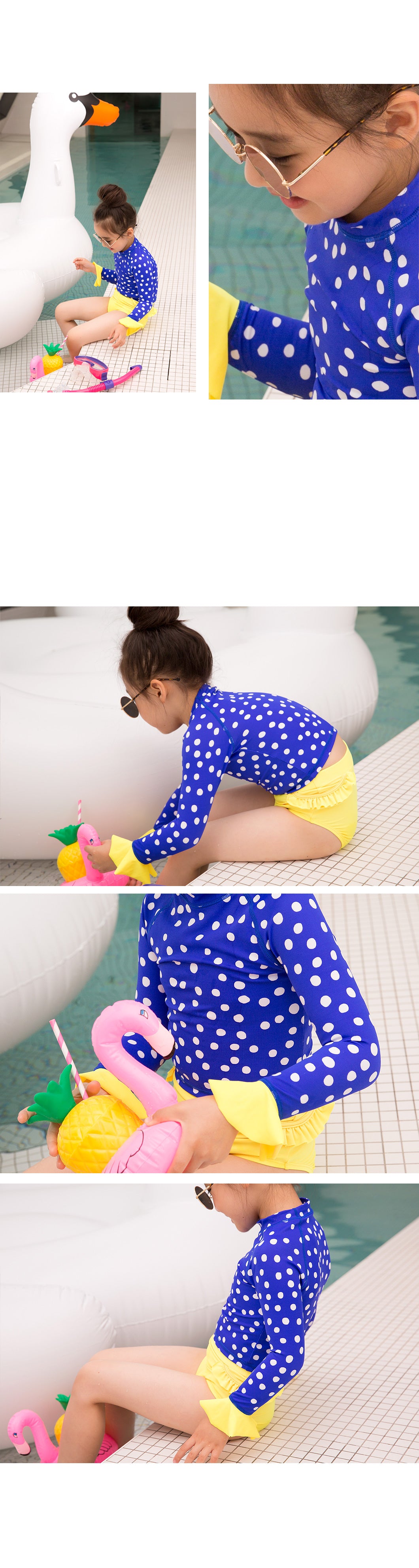 ILOVEJ Girls Polka Dot Contrast Rash Guard Swim Set UV Protection Quick-Dry Long Sleeve Swimwear for Kids | Ages 7–12