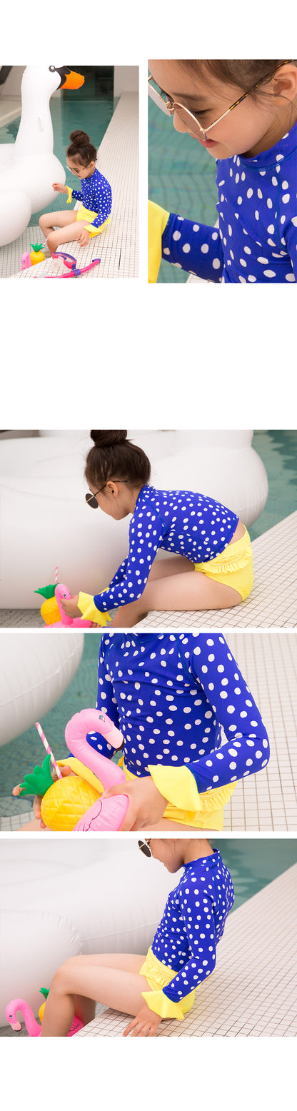ILOVEJ Girls Polka Dot Contrast Rash Guard Swim Set UV Protection Quick-Dry Long Sleeve Swimwear for Kids | Ages 7–12