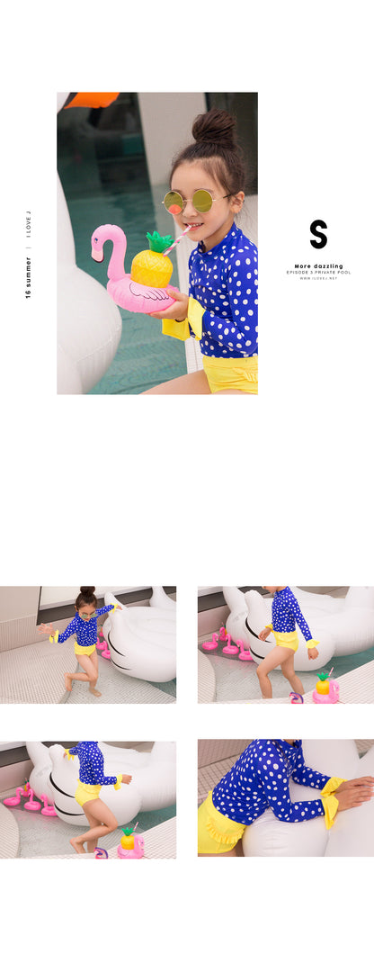 ILOVEJ Girls Polka Dot Contrast Rash Guard Swim Set UV Protection Quick-Dry Long Sleeve Swimwear for Kids | Ages 7–12