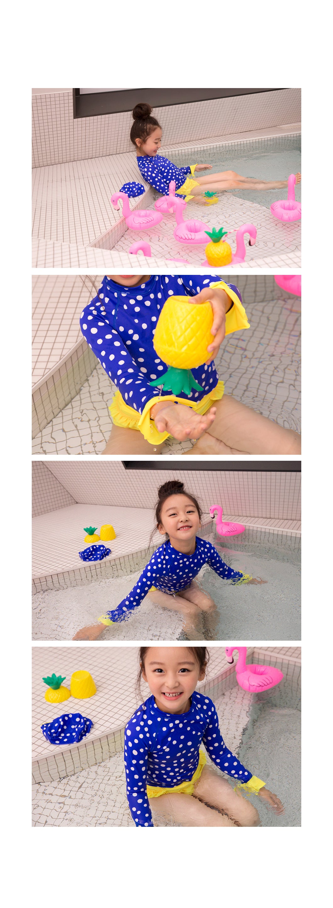 ILOVEJ Girls Polka Dot Contrast Rash Guard Swim Set UV Protection Quick-Dry Long Sleeve Swimwear for Kids | Ages 7–12